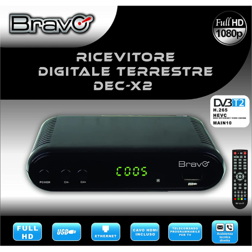 Decoder Ricevitore Digitale Terrestre DVB-T/T2 H.265 HEVC 10bit USB Hdmi Scart 180 E Telecomando Universale 2 In 1